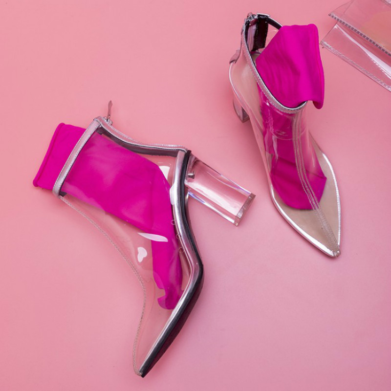 

2020 Autumn, Spring and Fashion, Thick Pointed, Boots Transparent, High Heels, Big 42. Wvsd, Black