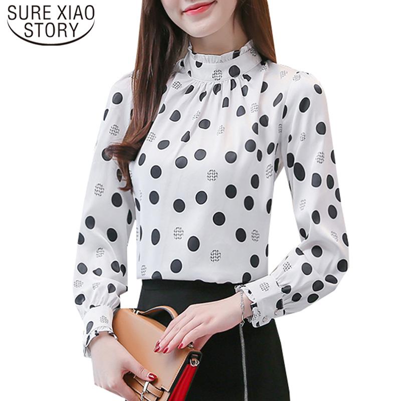 

Women's Blouses & Shirts 2022 Spring Autumn Loose Temperament Women Wave Point Printing Long Sleeve Chiffon Ladies Tops 6463 50, White