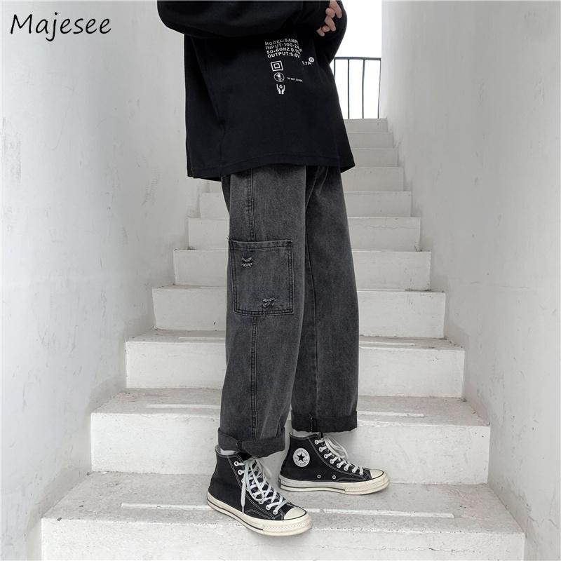 

Jeans Men Side Pocket Denim Loose Trousers Casual Chic High Quality Korean Style Solid Zipper Ins for Men Designer Trouser New, Black