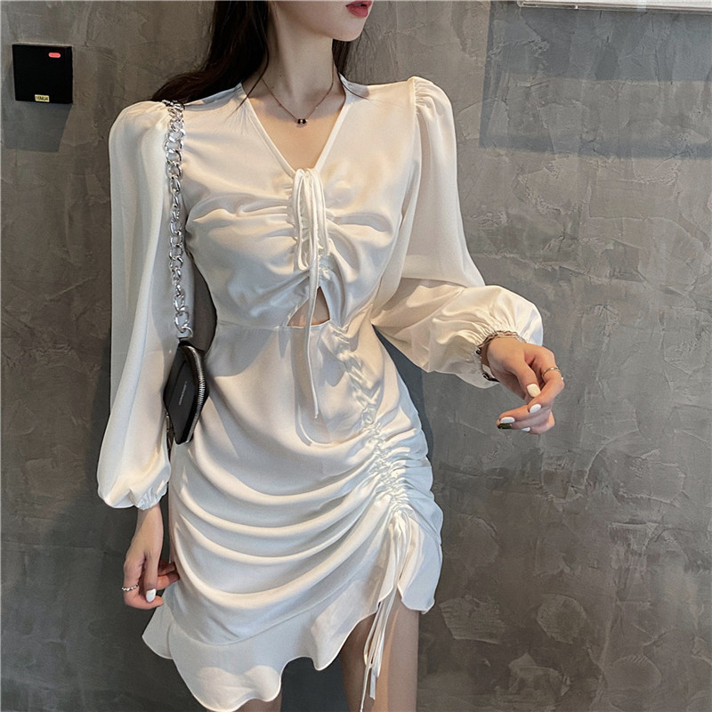 

2021 New Korean Cord Short Female Fashion Fall Neck Long Sleeves Elegant Out Waist High Wrinkling Dress RBOZ, Black