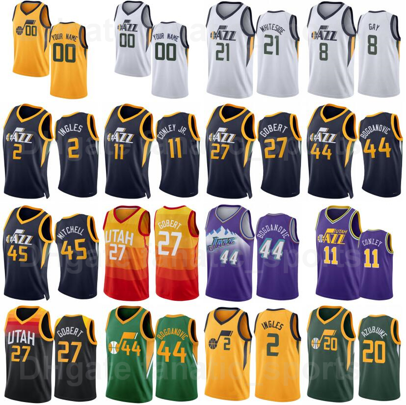 

75th Anniversary Basketball Print Clarkson Jersey 00 Joe Ingles 2 Rudy Gobert 27 Donovan Mitchell 45 Mike Conley 10 Bojan Bogdanovic Hassan Whiteside Eric Paschall, 75th purple