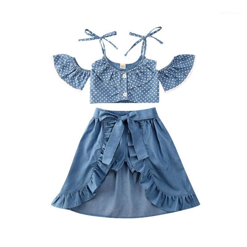 

3Pcs Toddler Baby Kid Girl Clothes Sets Summer Polka Dots Off Shoulder Tops+Ruffle Skirts+Shorts Clothes Blue 12M-5T1