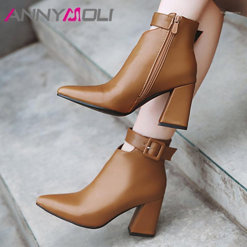 

ANNYMOLI Buckle Ankle Boots Woman High Heel Short Boots Zip Thick Heel Shoes Pointed Toe Female Footwear Winter Brown Apricot 461, Black