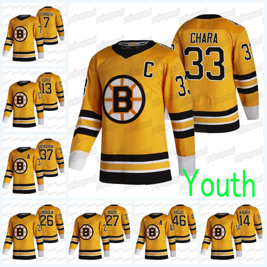 

Youth Boston Bruins 2021 Reverse Retro Jersey John Moore Jake Debrusk Ray Bourque David Pastrnak David Krejci Zdeno Chara Patrice Bergeron, 40 tuukka rask