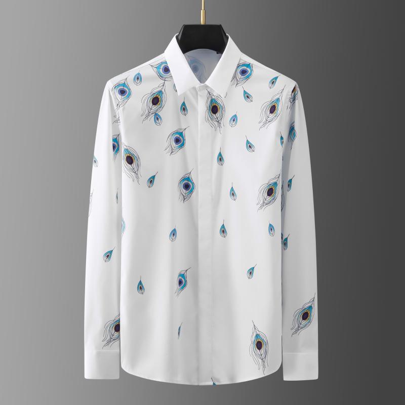 

Men's Casual Shirts Minglu Peacock Feathers Digital Printing Male Luxury Long Sleeve Mens Dress Fashion Slim Party Man, White;black
