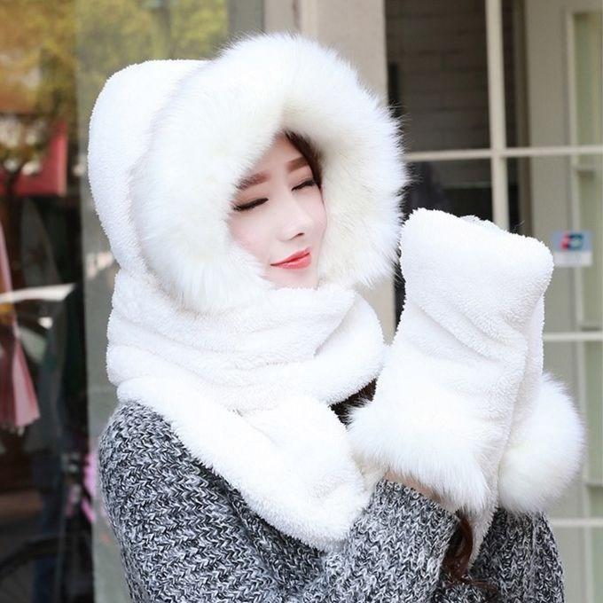 

2020 new hat scarf gloves 3-piece set, Autumn and winter girls with hair thickening double layer Korean warm one-piece hat