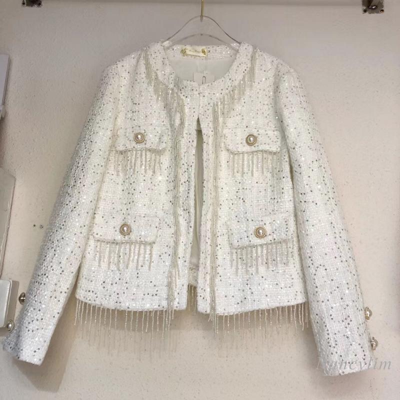 

Nancylim Women 2020 Fashion Sequin Tassel Beaded Tweed Jacket Coat Vintage Long Sleeve Female Outerwear Chic Tops White Black