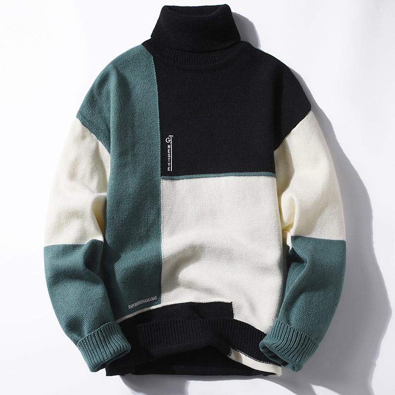 

New Winter Thick Warm Turtleneck Men Sweater Fashion Patchwork Men's Christmas Jumper High Quality Mens Pullover Sweaters Tops, Black