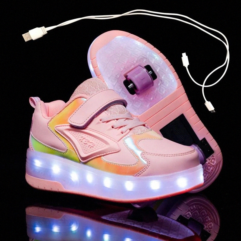 

New Pink Blue Red USB Charging Fashion Girls Boys LED Light Roller Skate Shoes For Children Kids Sneakers With Wheels Two wheels #xx2A