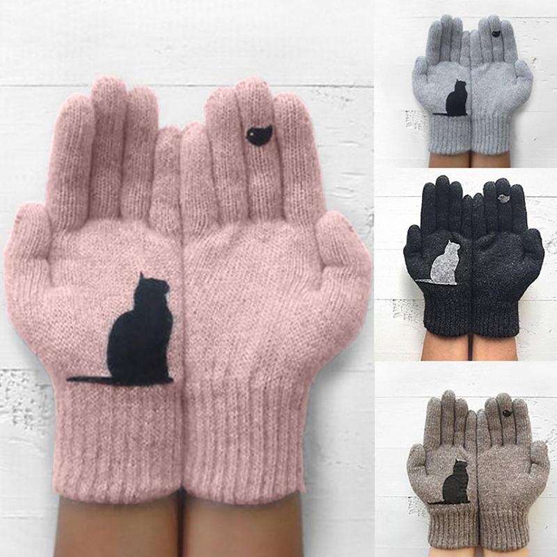 

Winter Outdoor Thicken Warm Cold Cashmere Gloves Lovely Cartoon Cats Print Wool Knitted Full Finger Gloves Men And Women