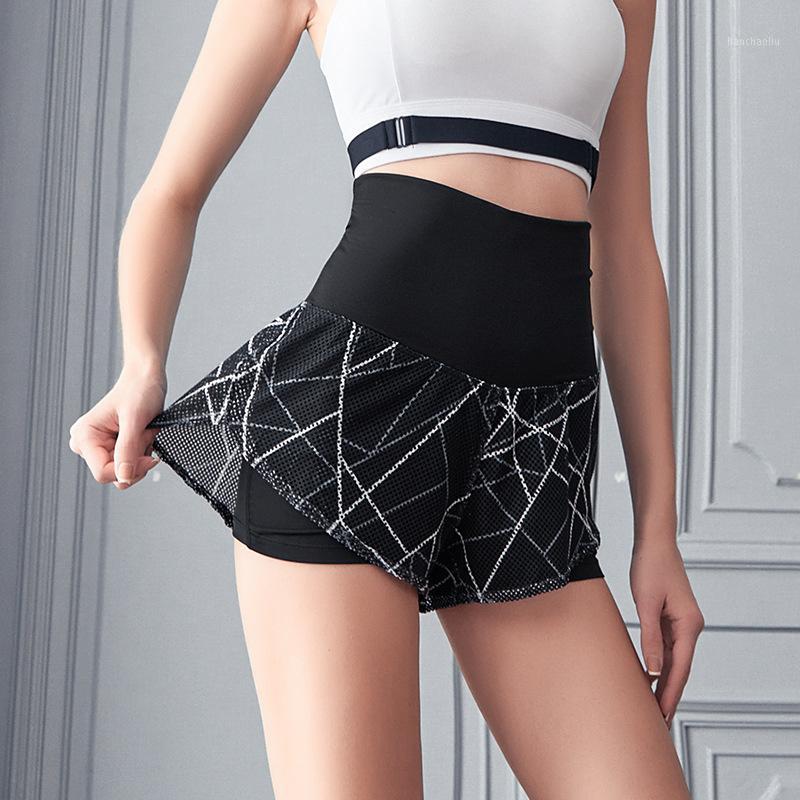 

2020 Running Net yarn splicing Tall waist Shorts Women 2 In 1 Marathon Quick Dry Gym Loose Sport Shorts Breathable Yoga1, Black