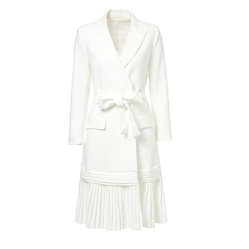 

2020 Autumn And Winter New Style Temperament White Folds Mid Length Suit Women' Jacket Lace Up Thin Windbreaker Dress Tide C542