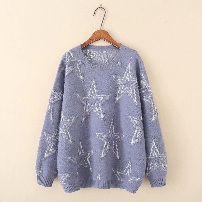 

Female Size Plus Star Printed Sweaters Oversized Crochet Casual Pullovers Outerwear 2cte, Black