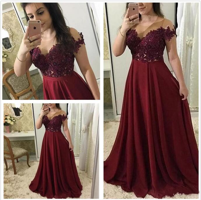 

Burgundy Prom Dresses 2022 Long Illusion Neckline Short Sleeve Lace Appliques Evening Gowns Long Chiffon Special Occasion Dress, Dark red