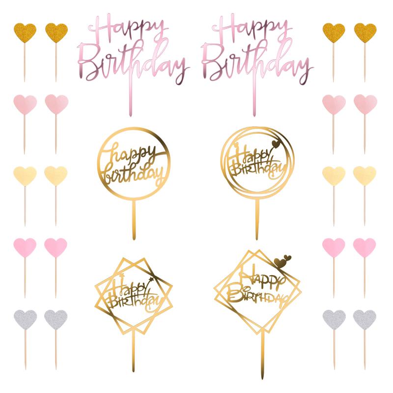 

26Pcs/set happy birthday Cake Decoration Include 2pc Rose gold cake insert 4pc gold insert 20pc Heart Shape Cards
