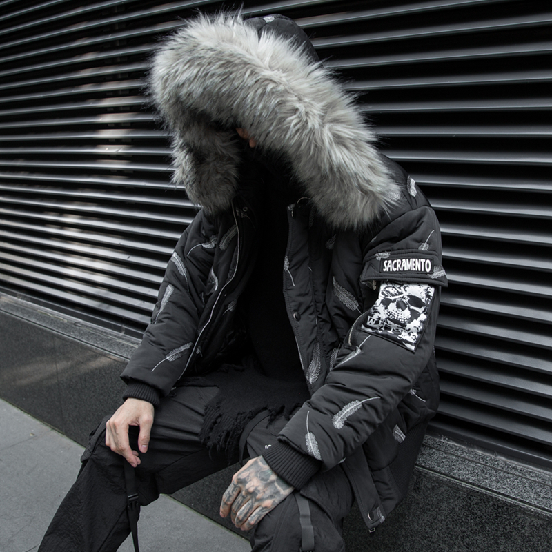 

2021 Men Quill Printed Winter Jacket with Thick Hot Skin Collar Released Hip Hop Man Parkas Coat Casual Vintage Hombre Kwbs, Black