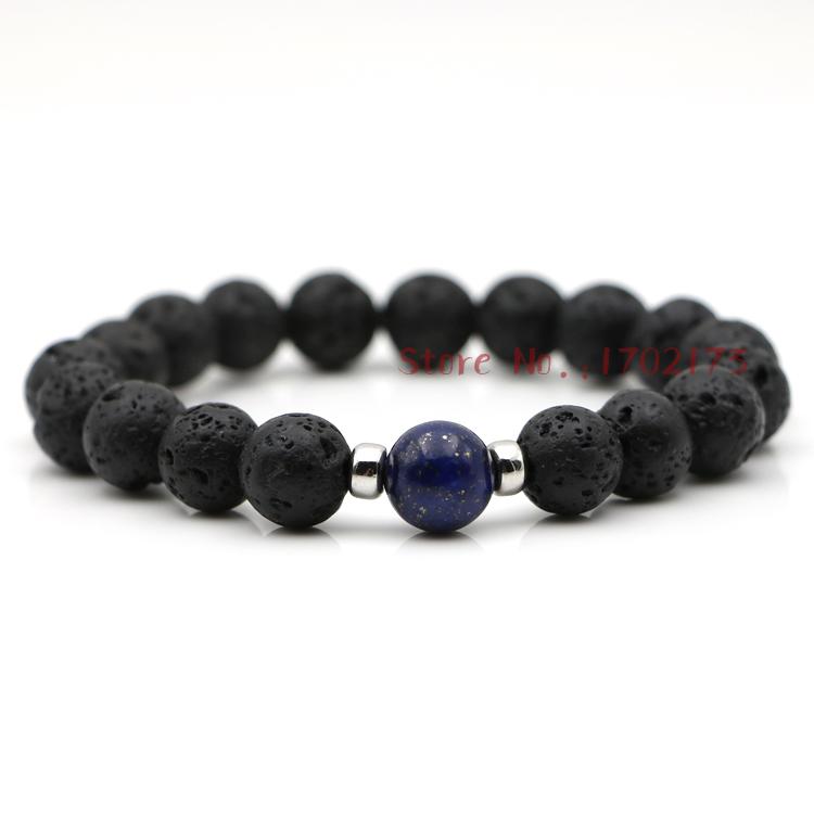 

Beaded, Strands High Quality Men Lava Stone Bracelets Black Natural Powerful Male Wristband With Lapis Lazuli Bead Handmade Jewelry Bijoux