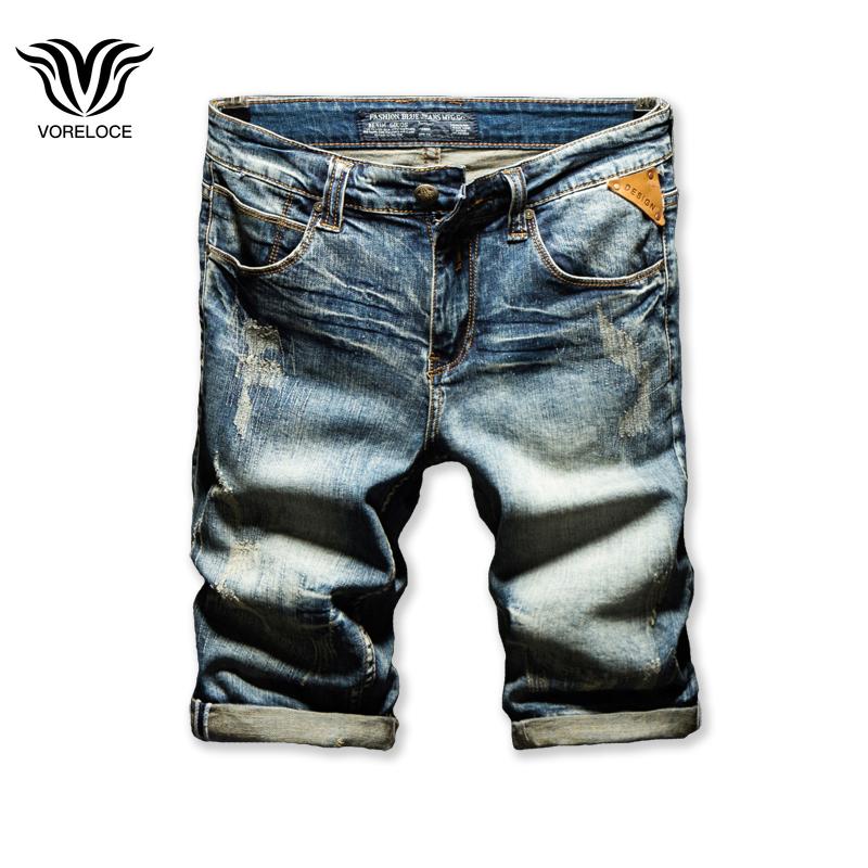 

VORELOCE classic leather badge trendy men's denim shorts 2021 summer brand high-quality fashion cotton slim straight jeans Blue