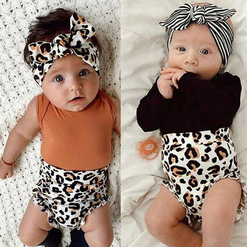 

3PCS Newborn Kids Baby Girls Summer Sets Short Sleeve Romper Leopard Print Pants Headband Outfits 0-24M1, Black