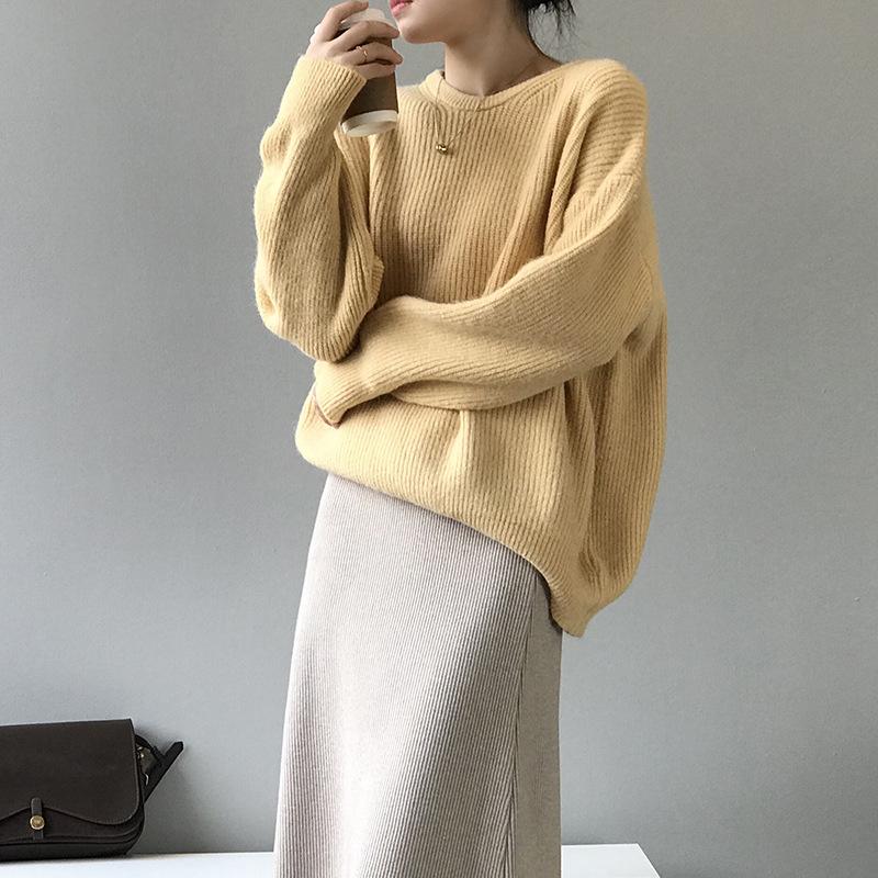 

2020 New Autumn Winter Women Sweater Fashion Pullovers Soild Color Long Sleeve Kintted Round Neck Korean Style Female Tops, Black