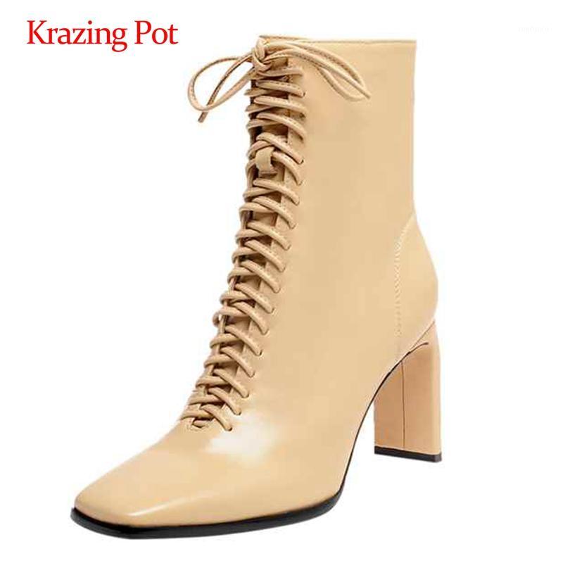 

Krazing pot work boots natural leather streetwear cross-tied square toe super high heel zipper office lady noble ankle boots L521, Black