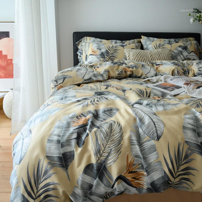 

100% Egyptian cotton bedding set bed linen cover sheet 4pcs pastoral leaf print bedclothes duvet cover king  size1, As pic