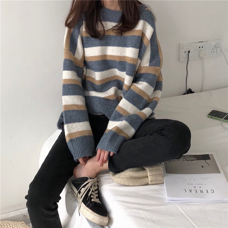 

2021 New Winter Autumn Faerie Jersey Backdoor Feminine Striped Pullovers Oversized Long-sleeved Knit Tops 7YDE, Blue
