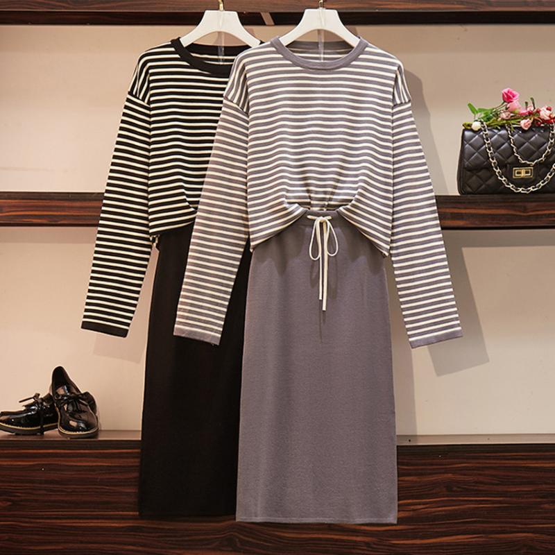 

Autumn Winter Knitted Tracksuit Plus Size Two Piece Set Women Top And Skirt Striped Pullover Sweaters Skirts Suits Outfit, Black