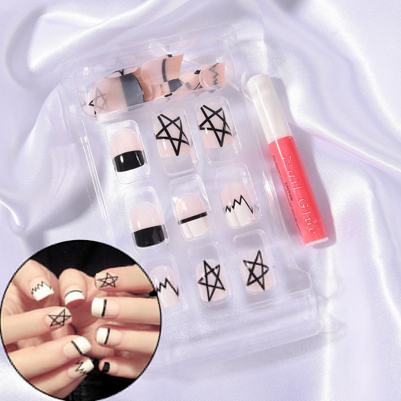 

DIY 24pcs Fashion Manicure Short French Style Five-pointed star square head long lasting False Tips Fake false Nails, As picture