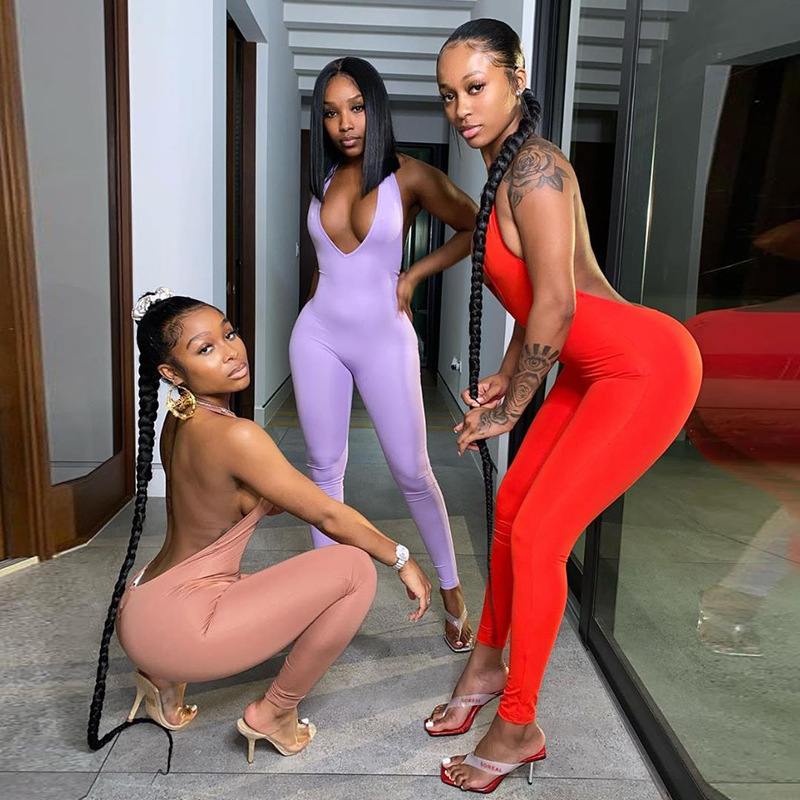 Summer New Women Jumpsuit Fashion Sexy Sleeveless V-neck Halter Backless Hip Lifting Solid Color Onesies Casual Sports Ladies Rompers 125