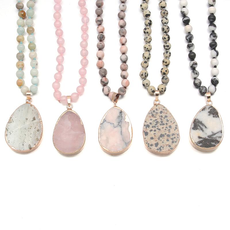 

6mm Beaded Semi-precious Stone 25x40mm Drop Shape Pendant-Length 90cm Necklace Beaded Charm Necklace Accessory Jewelry