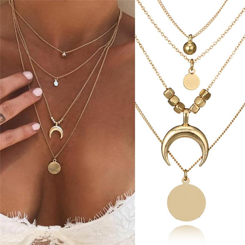 

1PC Multilayer Choker Horn Long Crescent Moon Pendant Necklace Chain Jewelry Women