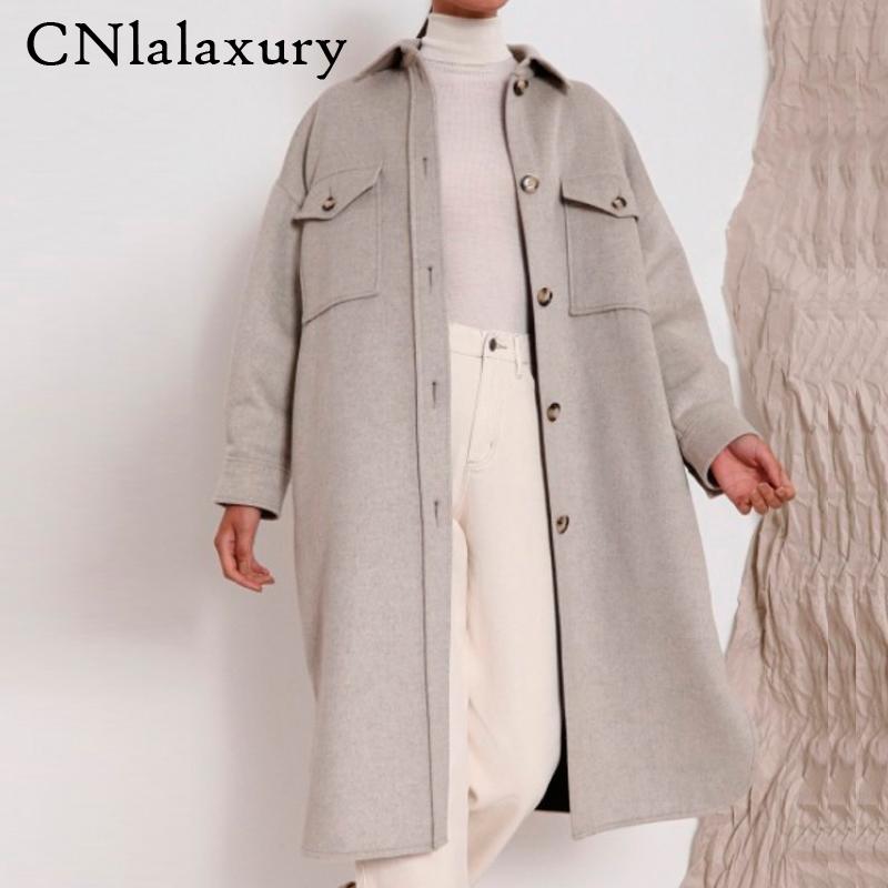 

Women Autumn Winter Loose Wool Blends Coats 2020 Long Sleeve Jacket Pockets Office Lady Female Fashion Street Outerwear Overcoat, The picture color