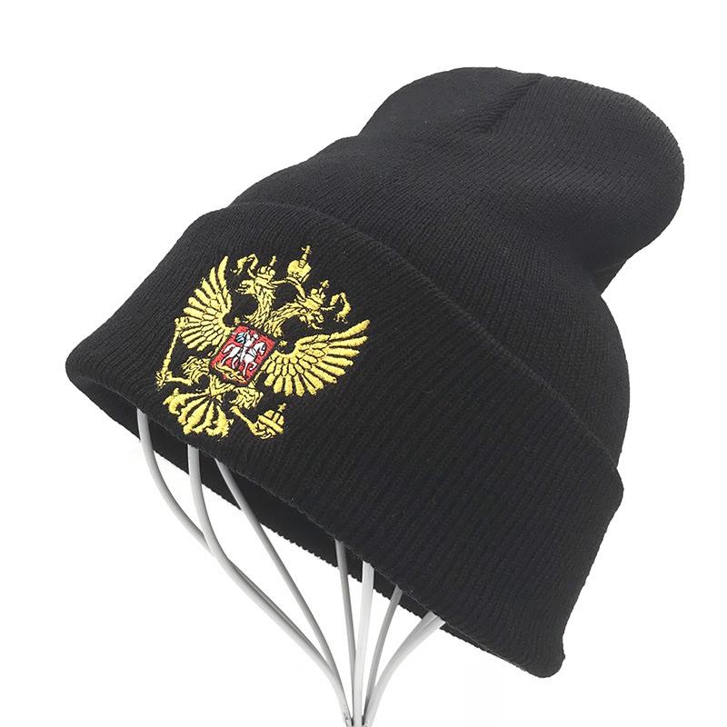 

Russian Embroidered Knitted Hat Men Winter Thermal Warm Skiing Wool Hats Women Couple Beanie Fashion Hedging Cap Autumn Hood, Black