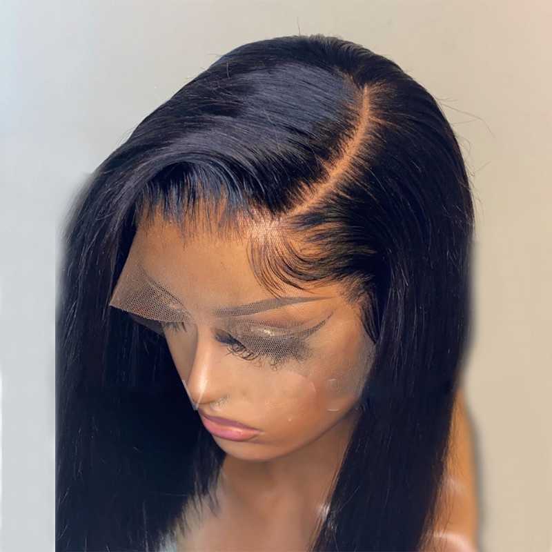 

Silky Straight Side Part Natural Jet Black Lace Front Synthetic Wig For Black Women With Baby Hair Pre Plucked Adjustable Strap, As pic