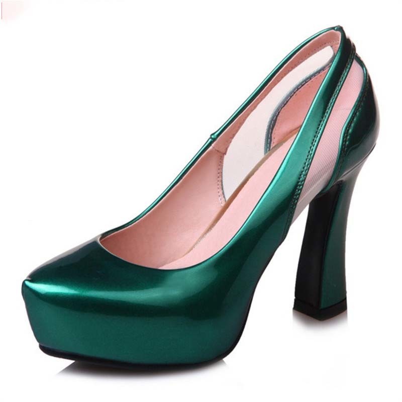 

Morazora 2020 big 33-43 summer high-heeled thick heels pointed to toe leather party shoes patent bombs women, Blue