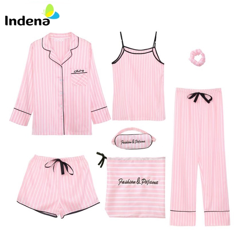 

7pcs/lot Pajamas Sets Faux Silk Sexy Pyjamas for Women Autumn Homewear Elastic Waist Pants Lounge Sleepwear 201105, Beige