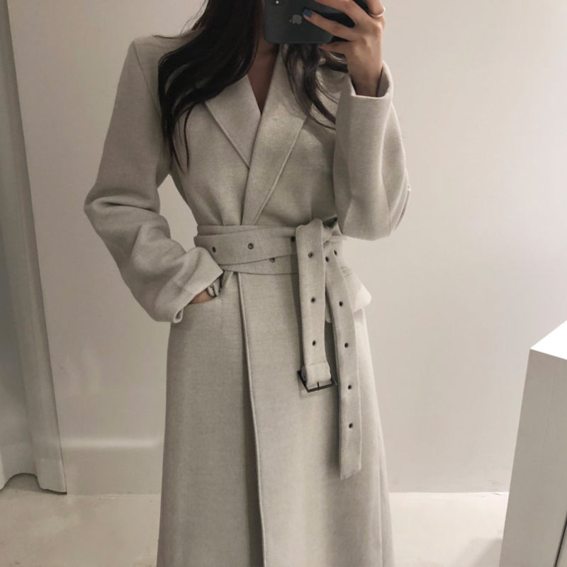High Qulity Woman Coats Winter Wool Long With Belt Office Lady Fashion Lace Up Outerwear 201103
