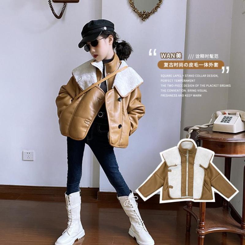 

Children lambswool patchwork Pu jacket girls autumn winter new coats kids outerwear tops baby girls jacket 4-16Y ws1873, Khaki