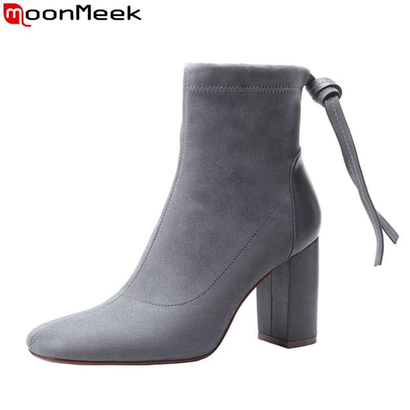 

MoonMeek 2020 Hot sale women brand boots thick high heels square toe woman shoes fashion slip-on winter ankle boots, Black