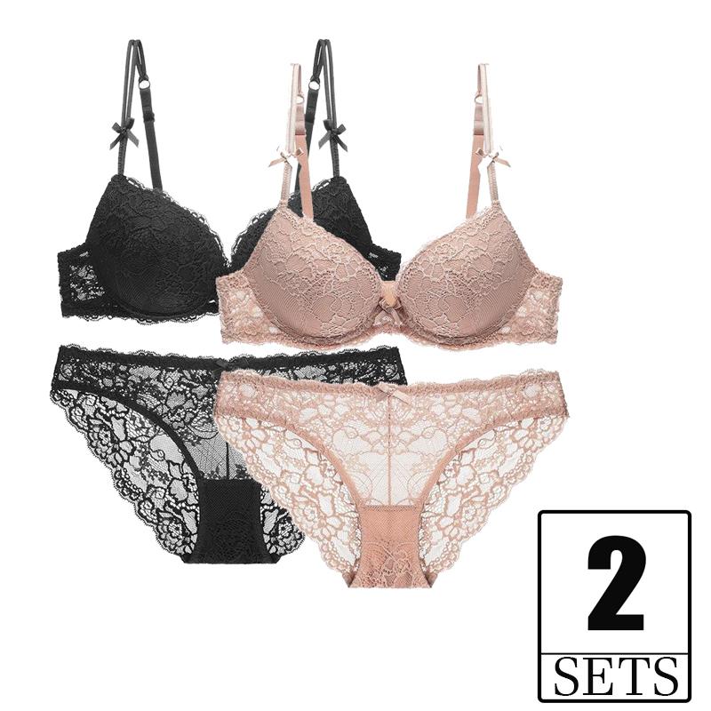 

2 Piece Sexy Bra And Panty Set Women's Push Up Lace Underwear Lingerie Embroidery Plus Size Gather Underwire Brassiere For Women, Black and nude