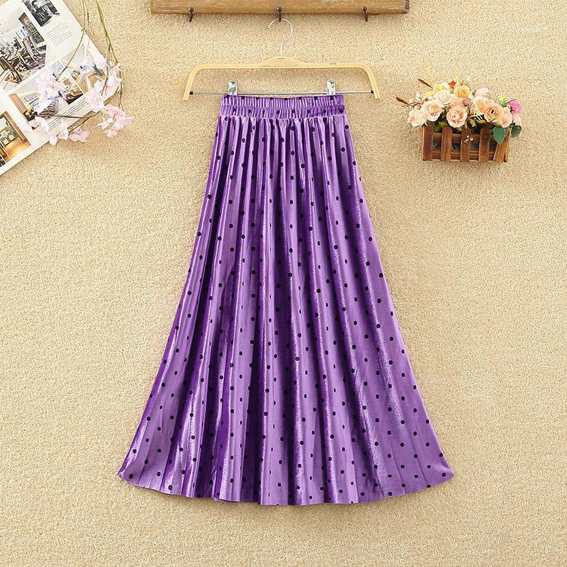 

2020 Vintage Dot Printed Velour Skirt Women Autumn Winter High Waist Mid-Calf Pleated Skirt Women Sweet All-Match A-Line Skirts1, Black