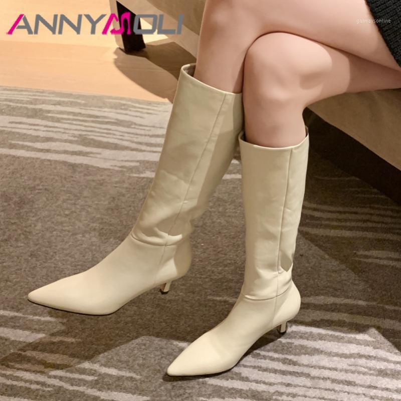 

ANNYMOLI Knee High Boots Women Shoes Real Leather High Heel Long Boots Pleated Pointed Toe Stiletto Heels Fashion Lady 401, Black synthetic lin