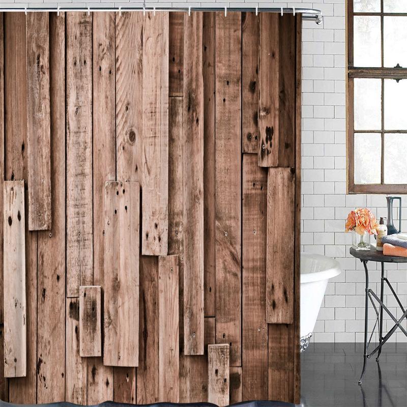 

Bathroom Curtain Wooden Board Retro Waterproof Fabric Shower Curtain Bathroom Decoration Shower &12 Hook
