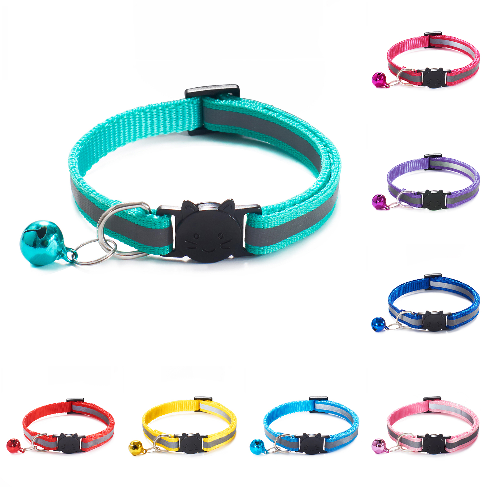 

Many Colors Cats Bells Collars Adjustable Nylon Buckles Fashion Reflective Pet Collar Cat Head Pattern Supplies For Accessories