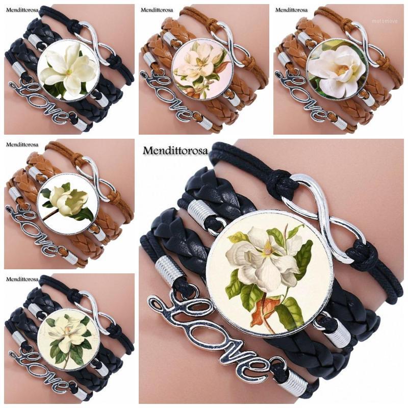 

EJ Glaze Glass Cabochon Round Multilayer Black/Brown Leather Bracelet Bangle Jewelry Gifts For Wedding Magnolia Flower1