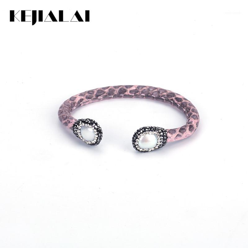 

KEJIALAI Bracelets Bangles Leather Python Luxury Women Freshwater Pearls Geometric Bangles Python Leaher Irregular B2311