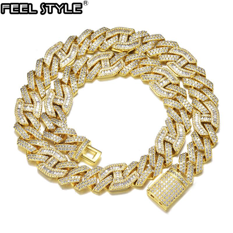 

Hip Hop 14MM 2 Row Heavy Prong Baguette Curb Chain Iced Out Box Buckle Copper + Cubic Zirconia Chain For Men Jewelry