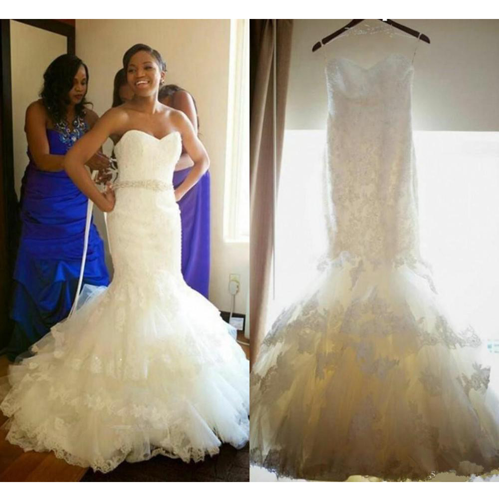

2021 New African Mermaid Plus Size Lace Crystal Frizzy Applets Belt Sweep Train Dress Frilly Wedding Gown Layered SDI1, Ivory