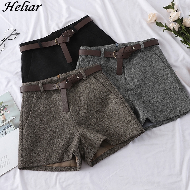 

HELIAR Spring Autumn Women Wide Leg Woolen Shorts Outerwear Casual High Waist Short With Sashes Women Warm Woolen Shorts Y200403, Brown
